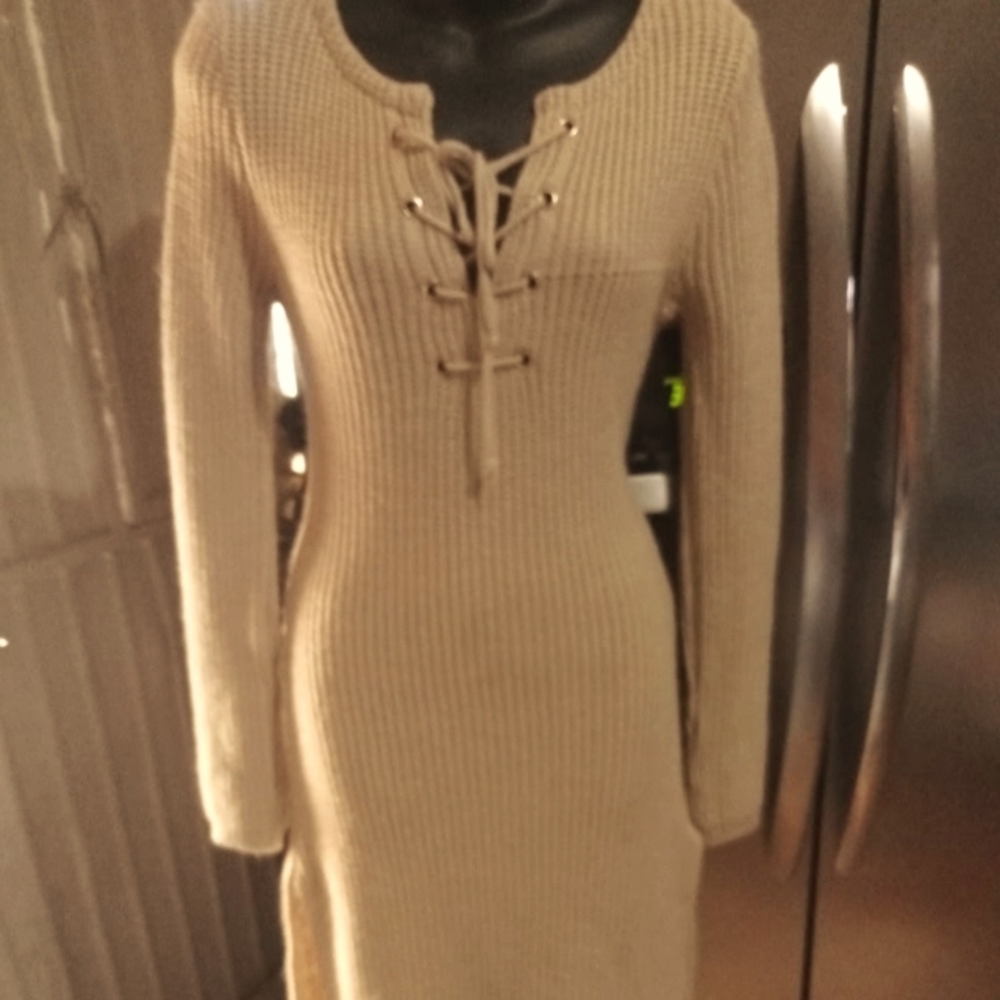 Creme colored sweater dress.